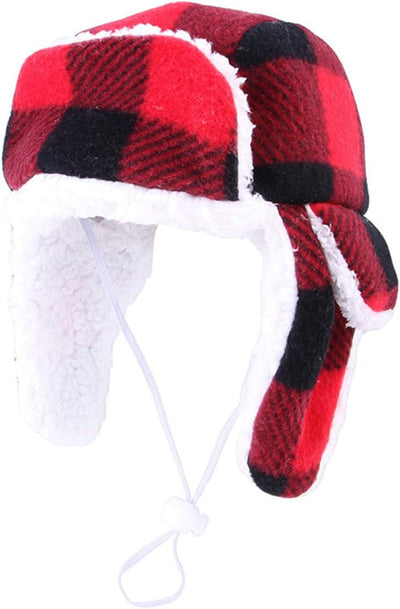 Christmas Dog Hat with Earmuffs Winter Adjustable Pet Red Plaid Pet Cap