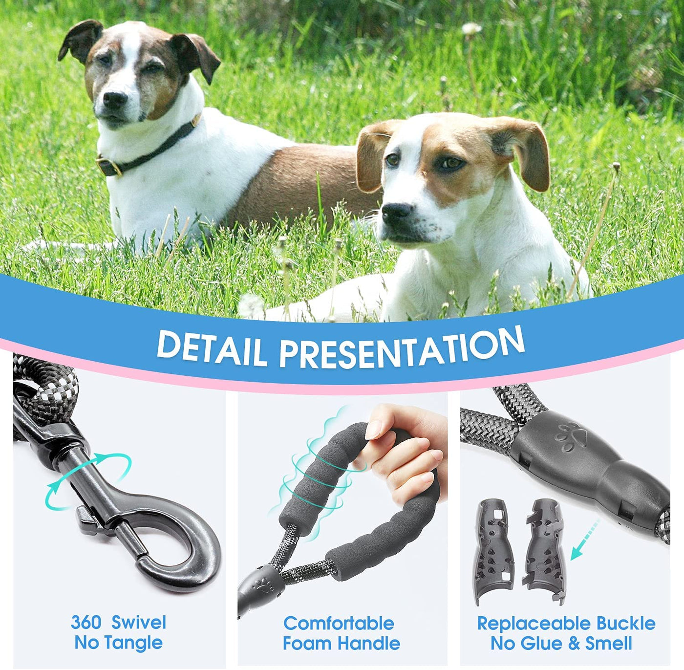 High Quality Dog Leash with Comfortable Padded Handle and Highly Reflective Threads